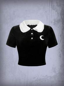 ROMWE Goth Cộng với áo phông thêu hình mặt trăng tương phản - màu đen - Xem 1