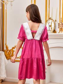 SHEIN 女孩拼接領泡泡袖荷葉邊娃娃裙 - 玫紅色 - 查看 2