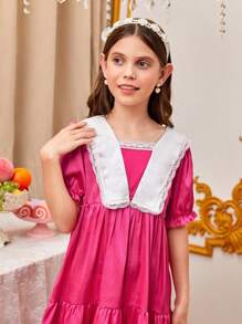 SHEIN 女孩拼接領泡泡袖荷葉邊娃娃裙 - 玫紅色 - 查看 5