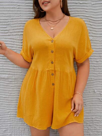 SHEIN LUNE 大碼蝙蝠袖前紐扣連身短褲