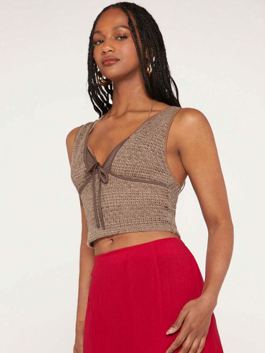 SHEINNeu 前繫帶短款背心 - 摩卡棕 - 查看 1