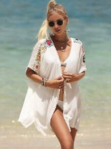 Floral Crochet Insert Batwing Sleeve Kimono - White - View 1