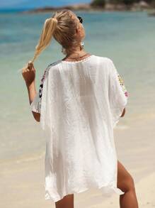 Floral Crochet Insert Batwing Sleeve Kimono - White - View 2