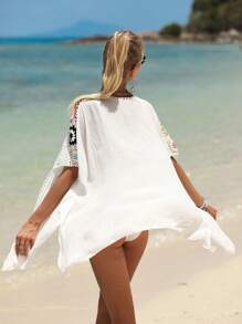 Floral Crochet Insert Batwing Sleeve Kimono - White - View 3