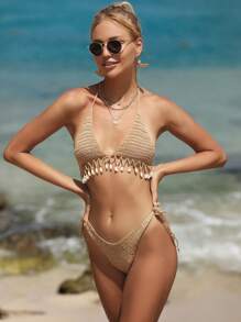 Summer Fringe Hem Crochet Halter Cover Up Top - Khaki - View 7