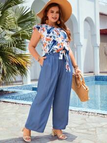 SHEIN VCAY Plus Floral Print Ruffle Trim Top & Wide Leg Belted Trousers - Multicolor - View 5