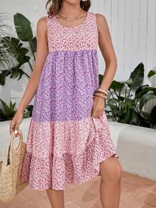 SHEIN LUNE Đầm phân lớp Khối Màu Họa tiết hoa Boho - Nhiều màu - Xem 4