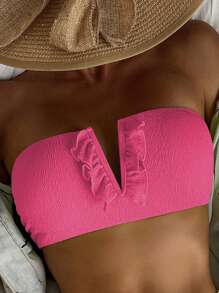 SHEIN Swim Summer Beach Ruffle Trim Bandeau Bikini Top - Watermelon Pink - View 6