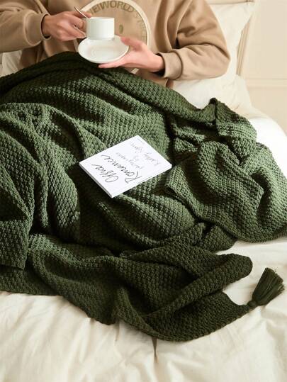 1pc Bohemian Fringe Knit Throw Blanket, Soft Cozy Warm Decorative Blanket For Sofa, Bedroom, Dorm, Office, Car, Travel, Picnic, Party, All Seasons