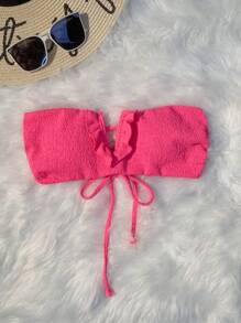 SHEIN Swim Summer Beach Ruffle Trim Bandeau Bikini Top - Watermelon Pink - View 3
