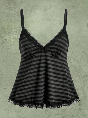 Fairycore Striped Contrast Lace Cami Top