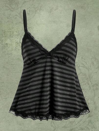 Fairycore Top de tirantes de rayas con encaje en contraste