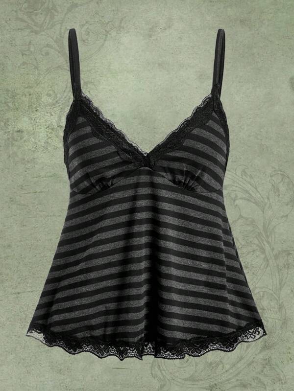 ROMWE Fairycore Striped Contrast Lace Cami Top