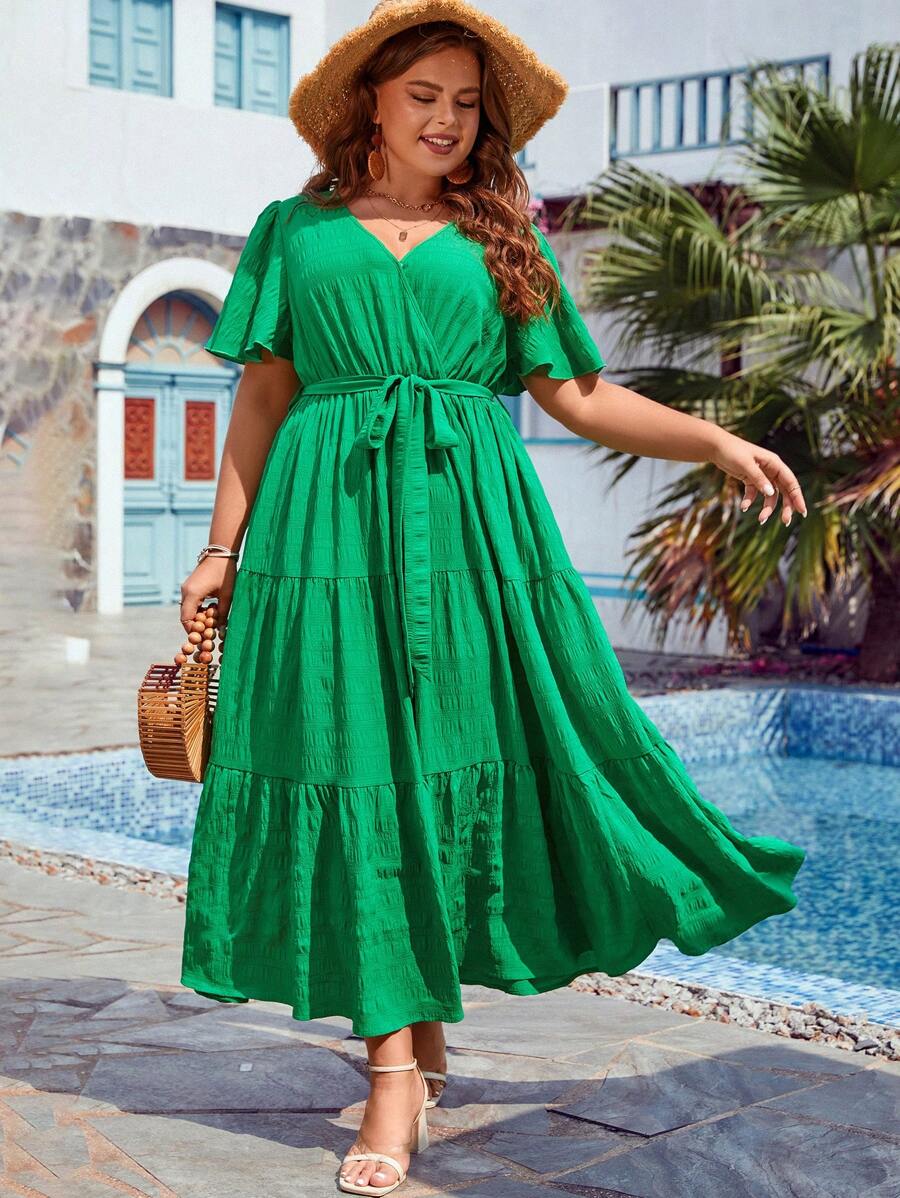 SHEIN VCAY Đầm Plus Size Thắt lưng Viên lá sen Trọn gói màu trơn Giải trí - màu xanh lá - Xem 1