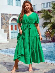 SHEIN VCAY Đầm Plus Size Thắt lưng Viên lá sen Trọn gói màu trơn Giải trí - màu xanh lá - Xem 3