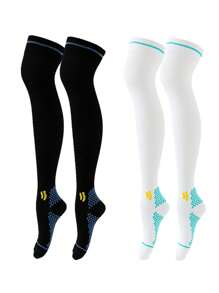 2對針織織物健身競技壓縮過膝運動襪 - 黑與白 - 查看 1