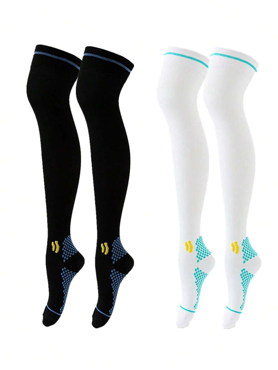 2對針織織物健身競技壓縮過膝運動襪 - 黑與白 - 查看 1