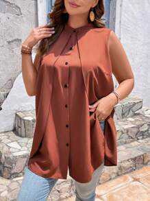 SHEIN LUNE Plus Solid Button Front Shirt - Coffee Brown - View 1