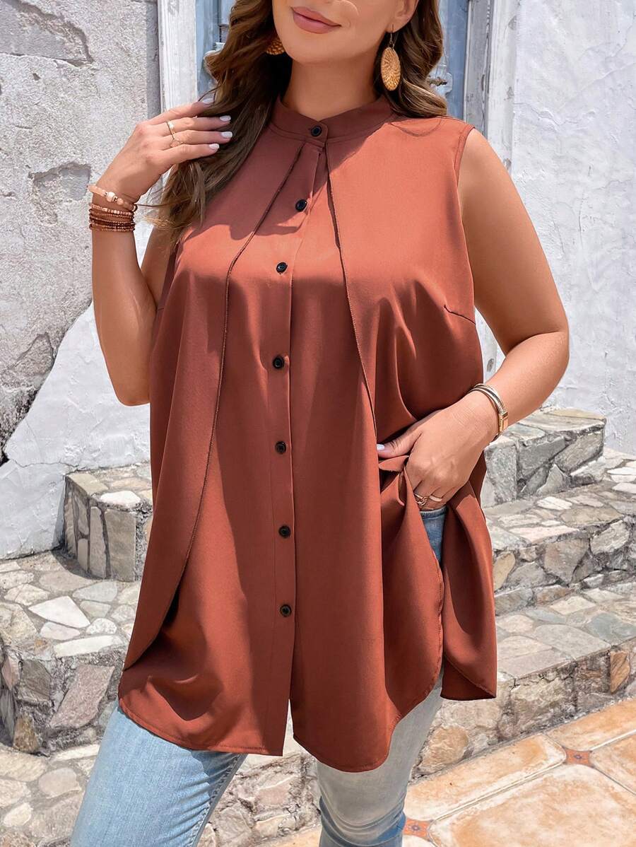 SHEIN LUNE Áo sơ mi Plus Size Nút phía trước màu trơn Giải trí - Cà phê nâu - Xem 1