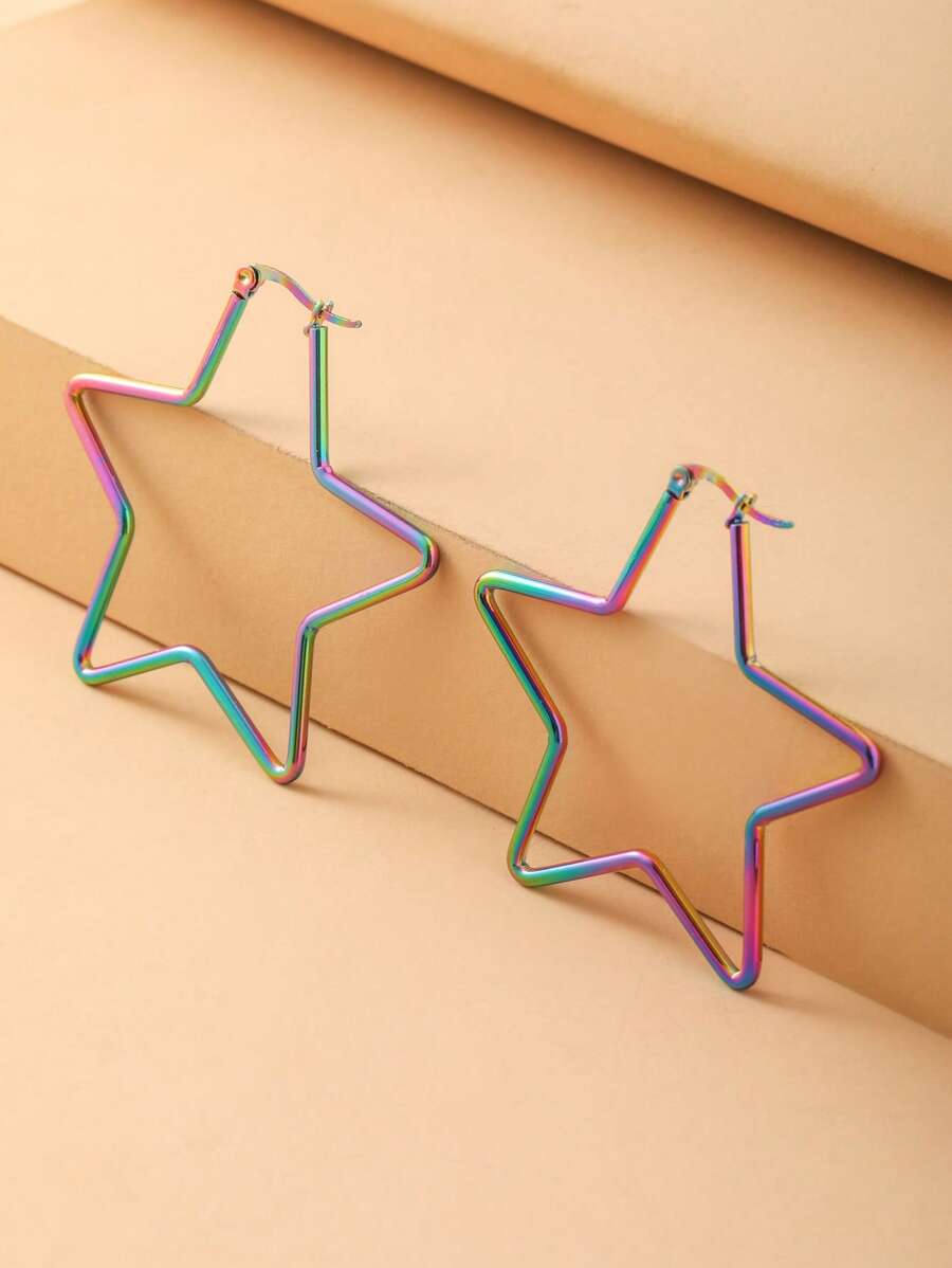 1對電鍍彩色不鏽鋼五尖星耳環,適合女士日常配戴 - 彩色 - 查看 1