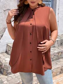 SHEIN LUNE Plus Solid Button Front Shirt - Coffee Brown - View 5