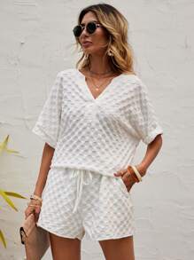 SHEIN LUNE Solid Batwing Sleeve Tee & Drawstring Waist Shorts