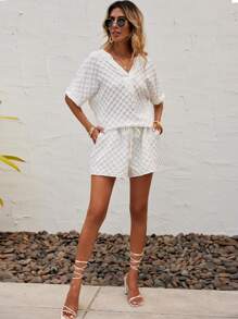 SHEIN LUNE Solid Batwing Sleeve Tee & Drawstring Waist Shorts