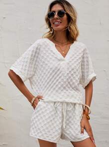 SHEIN LUNE Solid Batwing Sleeve Tee & Drawstring Waist Shorts