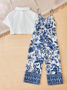 SHEIN Tween Girl Floral Print Cami Jumpsuit & Knot Front Shirt - Blue - View 3