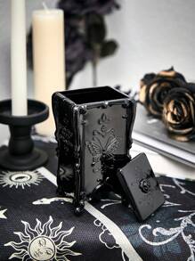 ROMWE Goth 1入組塑膠收納盒,復古蝴蝶樣式收納盒適用於節約面部墊 - 黑色 - 查看 2