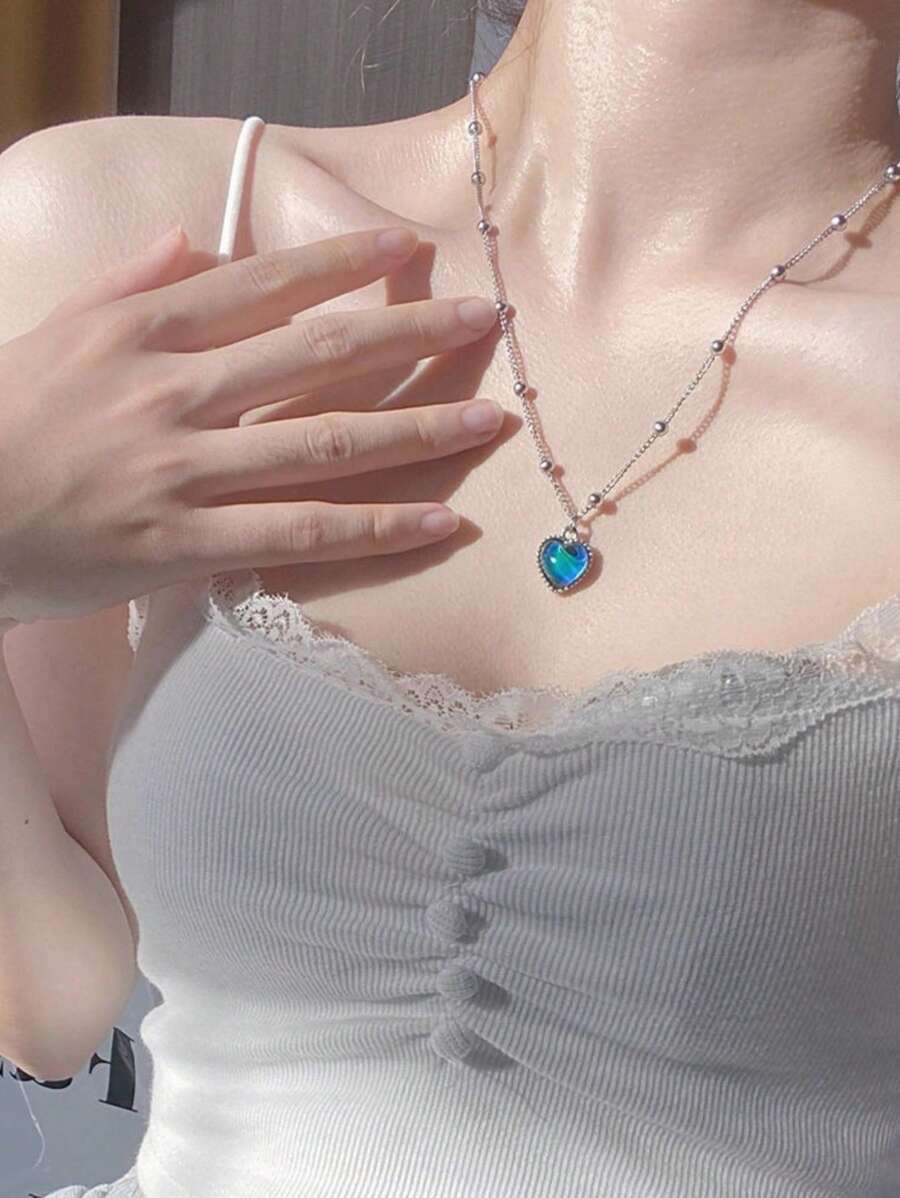 溫度變色愛心掛飾項鍊 - 白色 - 查看 1