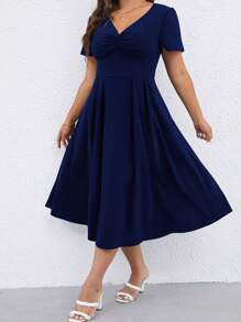 Flirla Vestido fruncido delantero con diseño de fruncido - Azul Marino - Ver 1