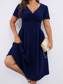 Flirla Vestido fruncido delantero con diseño de fruncido - Azul Marino - Ver 3