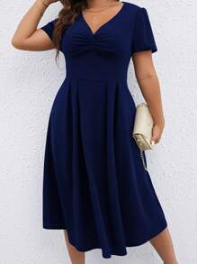 Flirla Vestido fruncido delantero con diseño de fruncido - Azul Marino - Ver 4