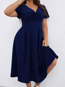 Flirla Vestido fruncido delantero con diseño de fruncido - Azul Marino - Ver 5