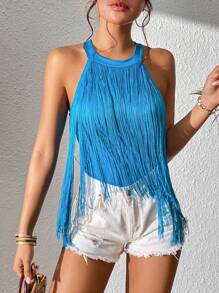 SHEIN VCAY Áo khoác và áo lót dành cho xe tăng nữ mép màu trơn Buổi tiệc - Màu xanh lam - Xem 6