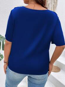 SHEIN LUNE Áo sơ mi Plus Size Tương phản Mesh Xù màu trơn Giải trí - Xanh đậm - Xem 2