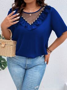 SHEIN LUNE Áo sơ mi Plus Size Tương phản Mesh Xù màu trơn Giải trí - Xanh đậm - Xem 6