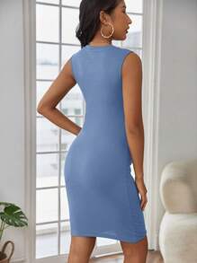 SHEIN 孕婦前扭結條紋針織緊身連衣裙 - 霧霾藍 - 查看 2