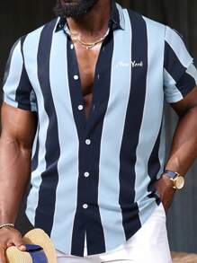 Manfinity Hypemode 男士條紋和字母圖案襯衫 - 藍色 - 查看 2