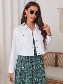 EMERY ROSE Áo khoác & áo khoác denim nữ Túi Nút phía trước màu trơn Giải trí - trắng - Xem 6