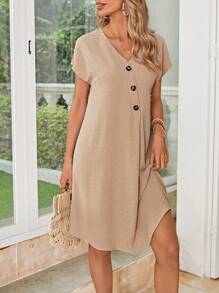 EMERY ROSE Swiss Dot Button Detail Batwing Sleeve Dress - Apricot - View 2