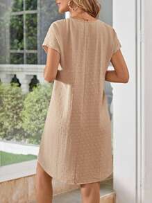 EMERY ROSE Swiss Dot Button Detail Batwing Sleeve Dress - Apricot - View 3