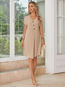 EMERY ROSE Swiss Dot Button Detail Batwing Sleeve Dress - Apricot - View 4