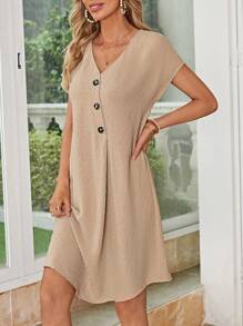 EMERY ROSE Swiss Dot Button Detail Batwing Sleeve Dress - Apricot - View 5