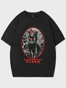 ROMWE MEN Goth Guys Cotton Cat & Letter Graphic Tee - Black - View 1