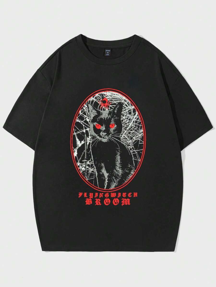 ROMWE MEN Goth Guys Cotton Cat & Letter Graphic Tee - Black - View 1