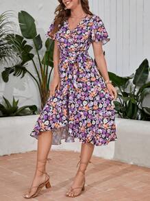 SHEIN LUNE 1 pieza Vestido con cinturón con estampado floral de manga mariposa ribete con fruncido cruzado - Multicolor - Ver 5