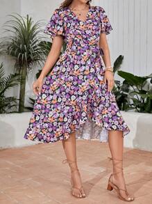 SHEIN LUNE 1 pieza Vestido con cinturón con estampado floral de manga mariposa ribete con fruncido cruzado - Multicolor - Ver 6