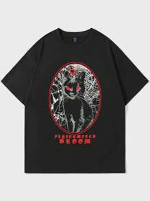 ROMWE MEN Goth Guys Cotton Cat & Letter Graphic Tee - Black - View 4